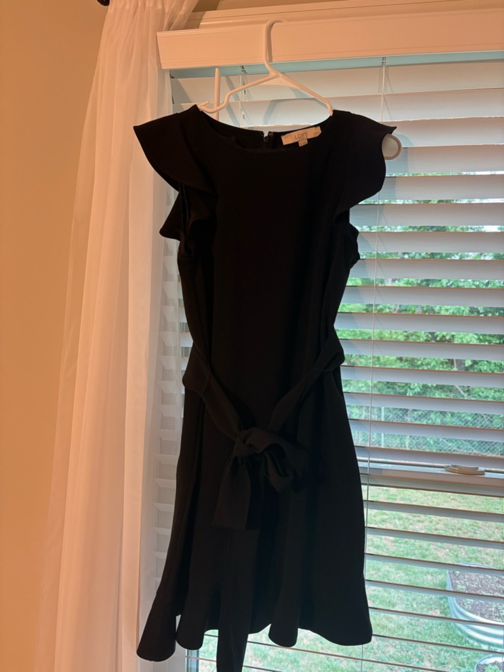 LOFT Black Ruffle-Shoulder Tie-Waist Mini Dress